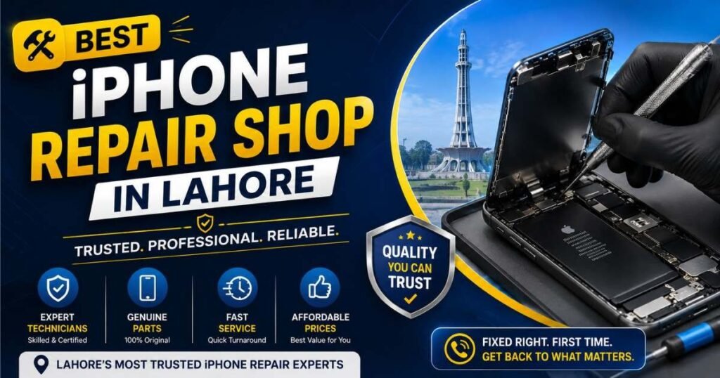 iPhone repair technician working on an opened iPhone with repair tools and Lahore Minar-e-Pakistan in the background