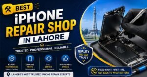 iPhone repair technician working on an opened iPhone with repair tools and Lahore Minar-e-Pakistan in the background