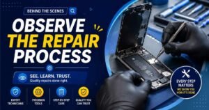 Technician using precision tools to repair an opened iPhone, showing the step-by-step professional repair process