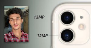 iPhone 11 dual 12MP camera with sample portrait photo showing camera quality