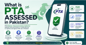 Infographic explaining what PTA assessed means in Pakistan, including mobile device registration, PTA tax, legal network use, IMEI verification, and approved iPhone registration.