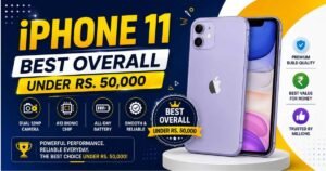 iPhone 11 in purple showing dual cameras and display, featured as the best overall iPhone under Rs. 50,000 in Pakistan