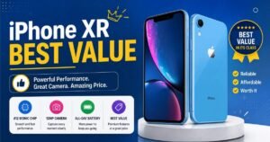 iPhone XR in blue showing front and back design with A12 Bionic chip, 12MP camera, and all-day battery