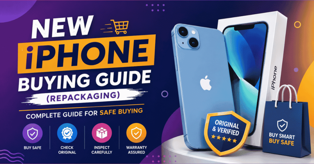 New iPhone buying guide showing a blue iPhone with retail box and tips for identifying repackaged iPhones