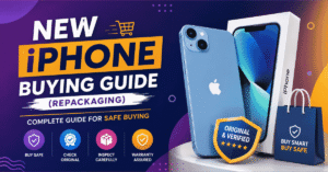 New iPhone buying guide showing a blue iPhone with retail box and tips for identifying repackaged iPhones