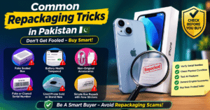 Common iPhone repackaging tricks in Pakistan showing fake seals, cloned serial numbers, battery health manipulation, and repacked iPhone boxes