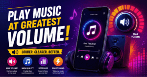 Promotional banner for a volume booster app, featuring a smartphone displaying a music player, headphones, a speaker, and icons for deep bass, max volume, and boosted sound.
