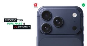 Should you buy a JV iPhone? Close-up of a JV iPhone camera with a guide discussing whether a JV iPhone is worth buying in Pakistan.