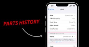 iPhone Parts History screen showing display replacement status in Parts and Service History settings