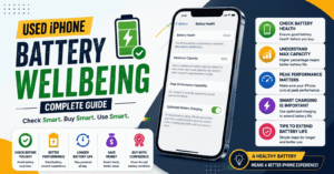 Infographic guide on checking used iPhone battery health, displaying maximum capacity, peak performance capability, and smart charging tips on an iPhone screen.