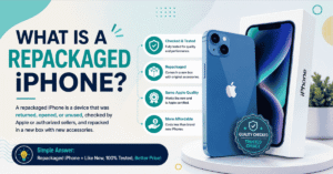 Illustration explaining what a repackaged iPhone is with an iPhone, retail box, and key features of repackaged devices