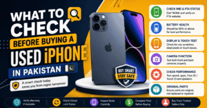 Infographic detailing checklist items before buying a used iPhone in Pakistan, including PTA status, battery health, and display testing"