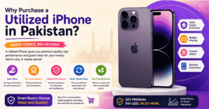 Banner detailing reasons to buy a pre-owned iPhone in Pakistan, highlighting budget-friendly prices, premium quality, reliable performance, and resale value alongside an iPhone 14 Pro graphic.