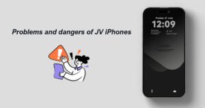 Illustration highlighting the problems and dangers of JV iPhones, including potential carrier restrictions, activation issues, and limitations compared to factory unlocked iPhones.