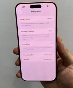 Front display of an iPhone 17 Pro max showing iOS Battery Health settings with 100 percent capacity and 80 cycle count.