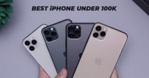 Four Apple iPhone Pro models lined up in Silver, Midnight Green, Space Gray, and Gold with text overlay BEST iPHONE UNDER 100K