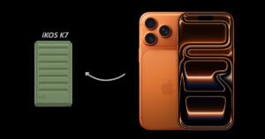 A green iKOS K7 device paired with an orange iPhone 17 Pro to enable external SIM network access.