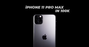 Space Gray Apple iPhone 11 Pro Max back panel showing triple camera setup with text overlay iPhone 11 Pro Max In 100K
