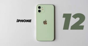 Mint Green Apple iPhone 12 back view with dual camera setup and bold iPhone 12 text overlay