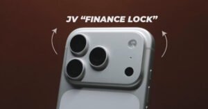 iPhone camera island banner showing triple camera lenses and flash module with JV FINANCE LOCK text overlay