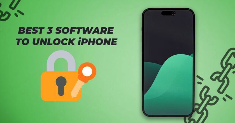 Promotional banner stating Best 3 Software to Unlock iPhone with a smartphone, padlock icon, key, and broken chain graphic