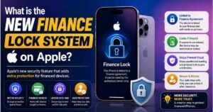 Infographic banner explaining What is the New Finance Lock System on Apple showing iPhone finance agreement features and security icons
