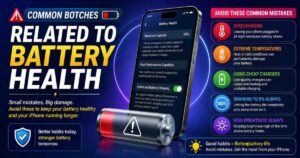 iPhone showing Battery Health settings with common mistakes that can reduce battery lifespan and performance