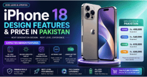 Concept render of the iPhone 18 showing its rumored design features, expected price in Pakistan, advanced camera system, A20 chip, and longer battery life.