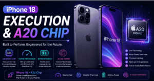 Concept render of the iPhone 18 highlighting the rumored A20 Bionic chip, improved performance, better power efficiency, AI capabilities, and enhanced gaming experience.