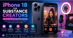 Concept render of the iPhone 18 showcasing rumored creator-focused features, including 8K video recording, advanced stabilization, studio-quality audio, smart lighting, and professional editing tools.