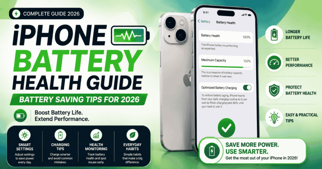 iPhone showing Battery Health settings with 100% maximum capacity and optimized battery charging