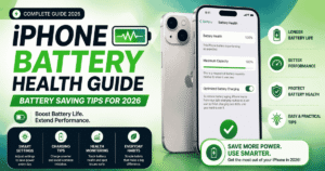 iPhone showing Battery Health settings with 100% maximum capacity and optimized battery charging