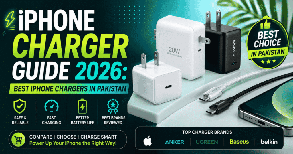 Best iPhone chargers in Pakistan 2026 featuring Apple, Anker, UGREEN, Baseus, and Belkin fast chargers