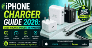 Best iPhone chargers in Pakistan 2026 featuring Apple, Anker, UGREEN, Baseus, and Belkin fast chargers