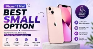 Pink Apple iPhone 13 Mini promotional banner highlighting 5.4-inch display, A15 Bionic chip, and key specs