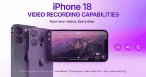 Concept render of the iPhone 18 highlighting rumored video recording capabilities, including 8K video recording, improved stabilization, enhanced low-light performance, and studio-quality audio.