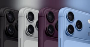 Concept render of the iPhone 18 in black, silver, purple, and light blue, showcasing the rumored color options and redesigned rear camera module.