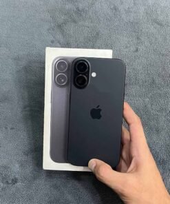Rear view of a Black iPhone 17 non pta held against its official retail box, showing the dual rear camera module, matte back glass, and retail packaging.