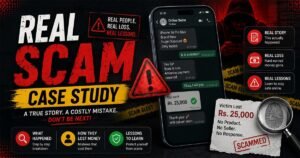 Infographic breaking down a real online scam case study where a buyer lost Rs. 25,000 to an advance payment fraud while attempting to purchase an iPhone 14 Pro Max.
