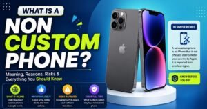 Non-custom iPhone imported from another region, showing its front and back design with information about regional distribution and PTA issues