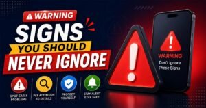Infographic highlighting warning signs to look out for when buying a used iPhone, featuring red caution symbols, a smartphone display, and key safety icons for spotting problems early and staying safe.