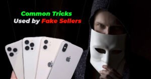 Infographic highlighting warning signs to look out for when buying a used iPhone, featuring red caution symbols, a smartphone display, and key safety icons for spotting problems early and staying safe.