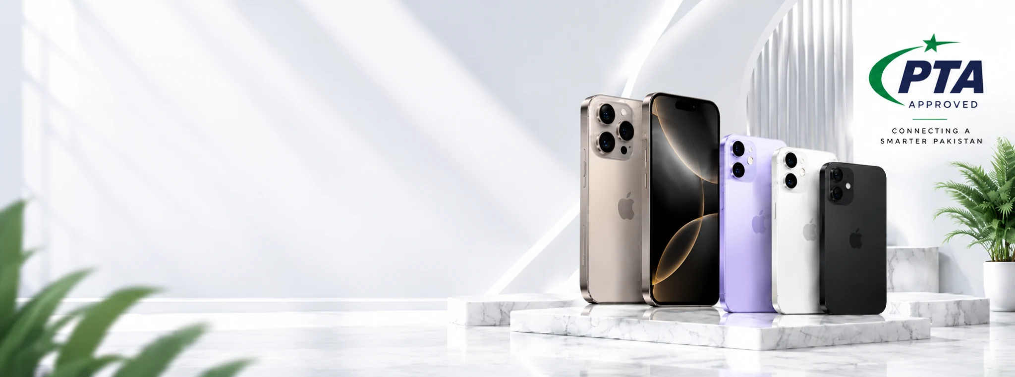 PTA Approved iPhones in Pakistan banner featuring various iPhone models with officially registered status and network compatibility details.