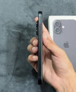 Left side profile of a Black iPhone 17 showing the Action Button, volume keys, and matte aluminum side frame.