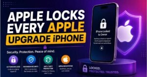Apple Locks Every Upgrade iPhone banner showing iPhone Locked to Owner screen, Apple ID Activation Lock details, and security features