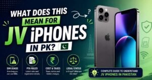 Infographic banner asking What Does This Mean For JV iPhones in PK showing Pakistan flag, SIM usage, PTA rules, and taxes
