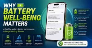 iPhone showing Battery Health settings with optimized battery charging and tips for maintaining battery performance