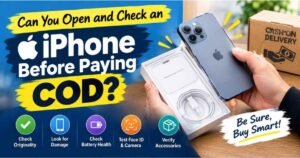 Promotional banner asking Can You Open and Check an iPhone Before Paying COD showing unboxing inspection steps for originality, physical damage, battery health, and accessories