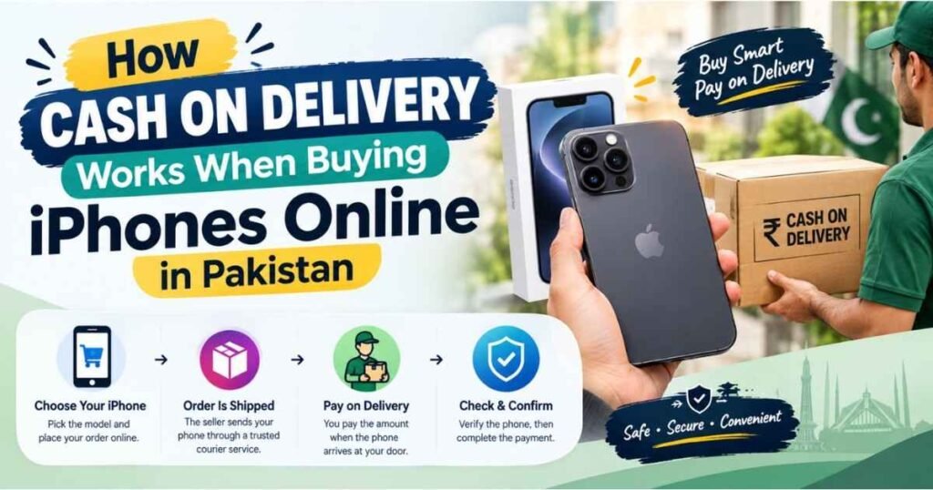Step-by-step infographic banner on How Cash on Delivery Works When Buying iPhones Online in Pakistan showing a courier package, iPhone, and Pakistan landmarks