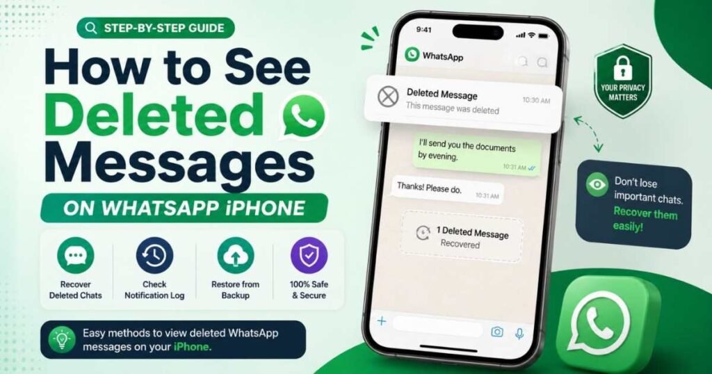 Step-by-step guide banner on How to See Deleted Messages on WhatsApp iPhone showing chat recovery interface, notification log options, and iCloud backup icons